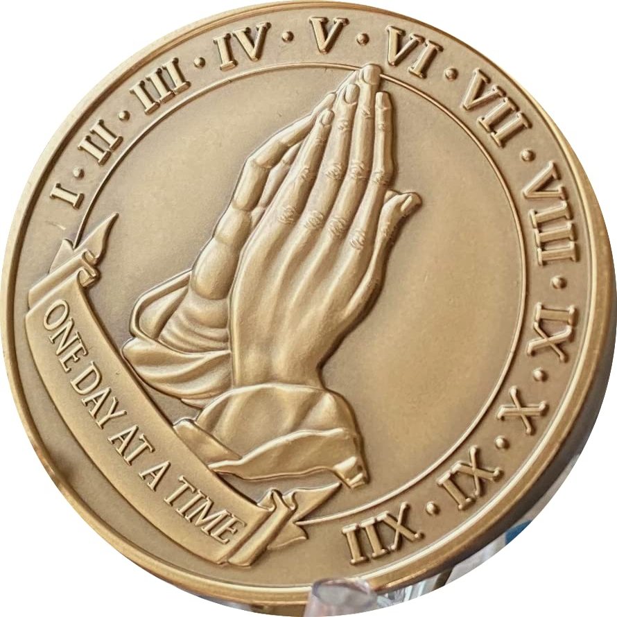 RecoveryChip Praying Hands One Day at A Time Bronze Medallion with 1 2 3 4 5 6 7 8 9 10 11 12 in Roman Numerals