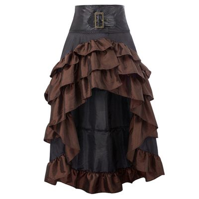 tuduoms Pirate Halloween Costume for Women Renaissance Victorian Ruffle High Low Skirt Gothic Vintage Distressed Pirate Skirt Brown