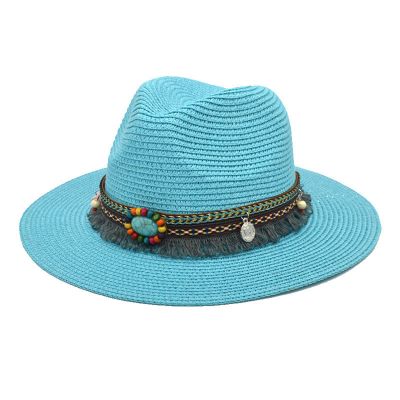Adults Unisex Retro Western Cowboy Riding Hat Leather Belt Wide Cap Straw Hat Bucket Hats for Teens Girls Light Blue