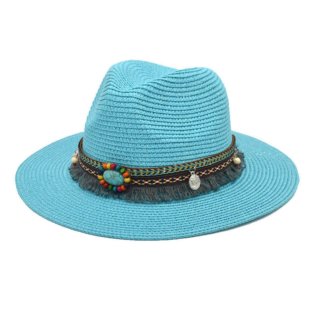 Adults Unisex Retro Western Cowboy Riding Hat Leather Belt Wide Cap Straw Hat Bucket Hats for Teens Girls Light Blue
