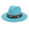 Adults Unisex Retro Western Cowboy Riding Hat Leather Belt Wide Cap Straw Hat Bucket Hats for Teens Girls Light Blue view 1