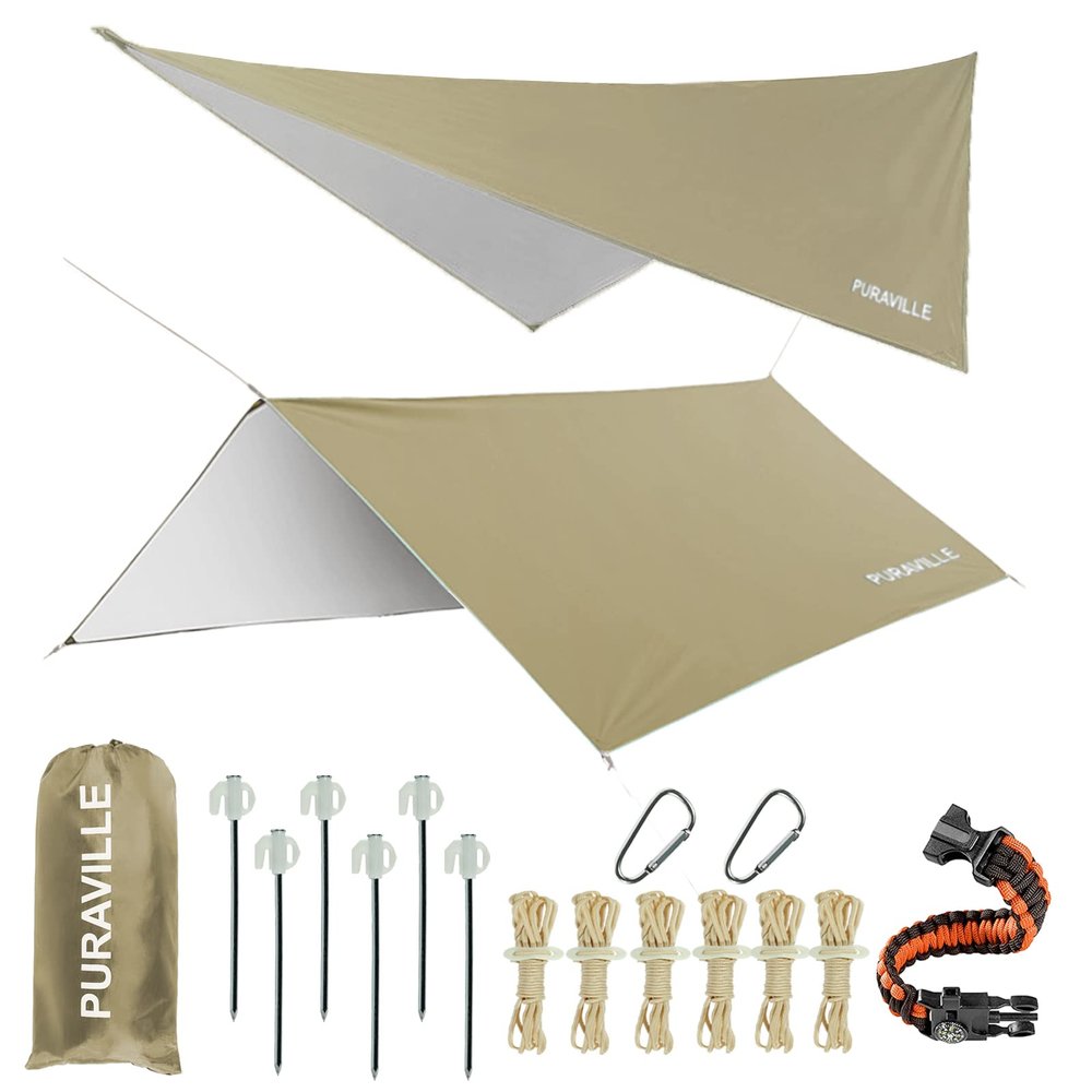 Puraville 10x10 ft Rectangle Lightweight Camping Tarps, Portable Waterproof Hammock Rain Fly Tent Tarp for Camping Backpacking, Khaki