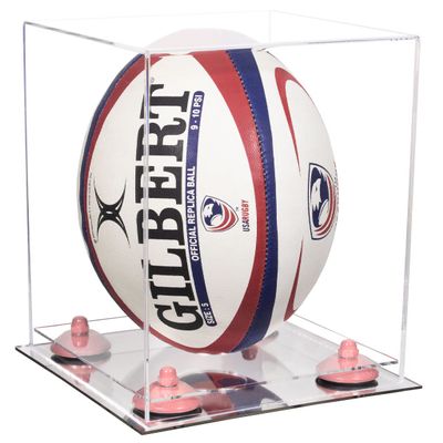 Better Display Cases Clear Acrylic Rugby Ball Display Case Vertical with Clear Case, Pink Risers and Mirror Base (B42/A060)