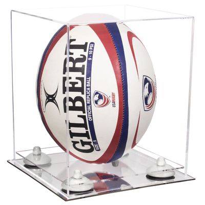Better Display Cases Clear Acrylic Rugby Ball Display Case Vertical with Clear Case, White Risers and Mirror Base (B42/A060)