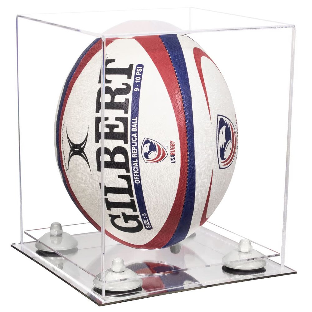 Better Display Cases Clear Acrylic Rugby Ball Display Case Vertical with Clear Case, White Risers and Mirror Base (B42/A060)