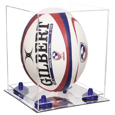 Better Display Cases Clear Acrylic Rugby Ball Display Case Vertical with Clear Case, Navy Blue Risers and Mirror Base (B42/A060)