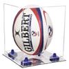 Better Display Cases Clear Acrylic Rugby Ball Display Case Vertical with Clear Case, Navy Blue Risers and Mirror Base (B42/A060) view 1