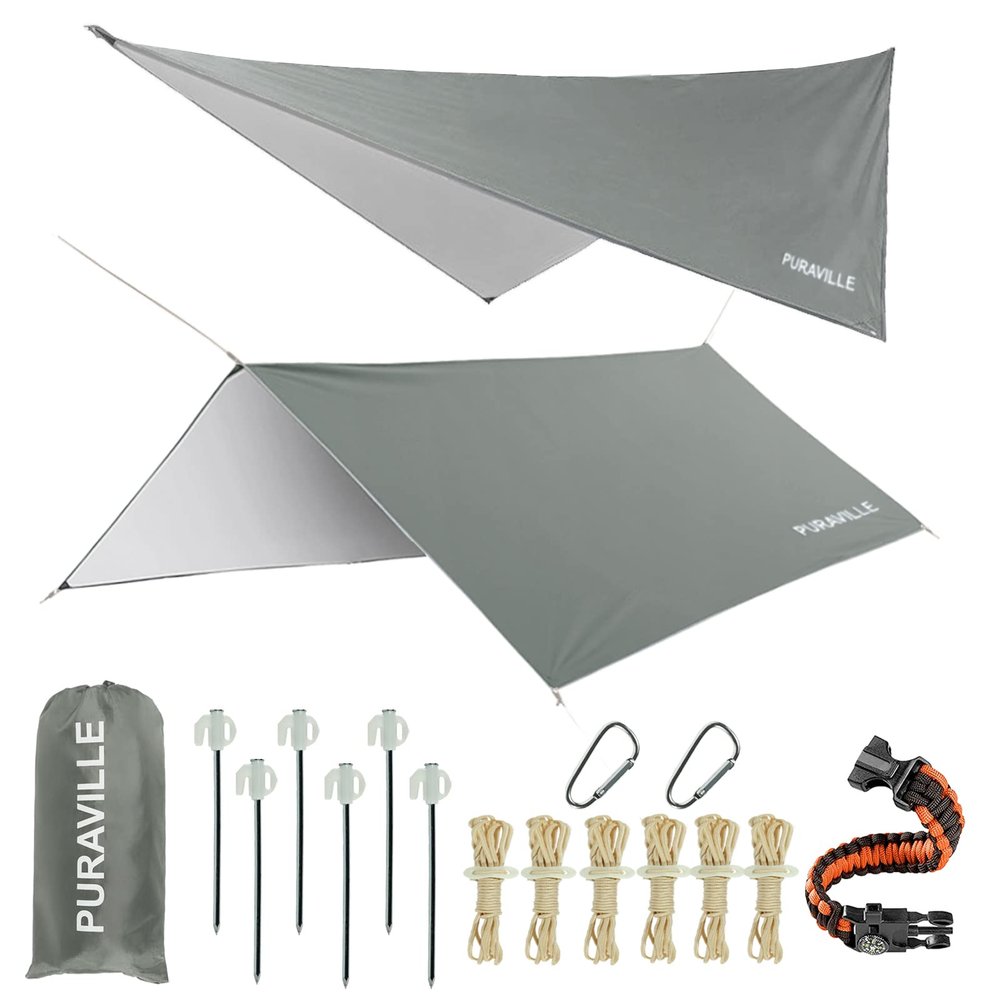 Puraville 10x10 ft Rectangle Lightweight Camping Tarps, Portable Waterproof Hammock Rain Fly Tent Tarp for Camping Backpacking, Grey