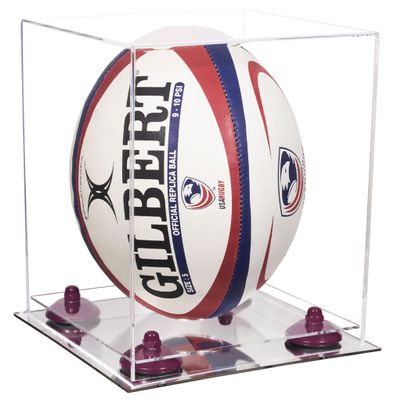 Better Display Cases Clear Acrylic Rugby Ball Display Case Vertical with Clear Case, Purple Risers and Mirror Base (B42/A060)
