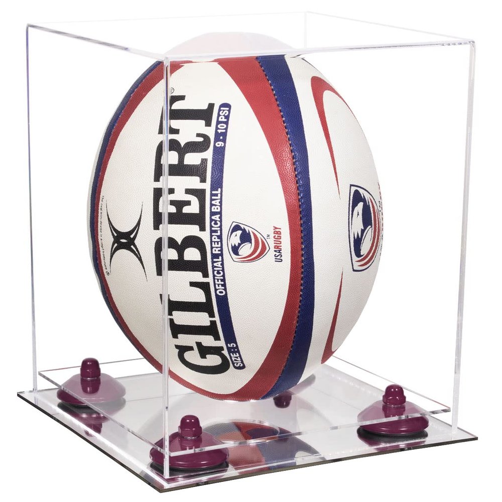 Better Display Cases Clear Acrylic Rugby Ball Display Case Vertical with Clear Case, Purple Risers and Mirror Base (B42/A060)