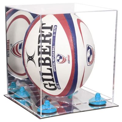 Better Display Cases Acrylic Rugby Ball Display Case Vertical with Mirror Case, Blue Risers and Mirror Base (B42/A060)