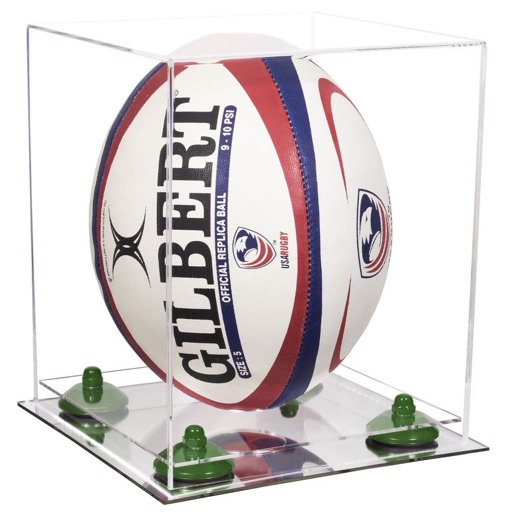 Better Display Cases Clear Acrylic Rugby Ball Display Case Vertical with Clear Case, Green Risers and Mirror Base (B42/A060)