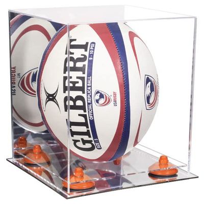 Better Display Cases Acrylic Rugby Ball Display Case Vertical with Mirror Case, Orange Risers and Mirror Base (B42/A060)