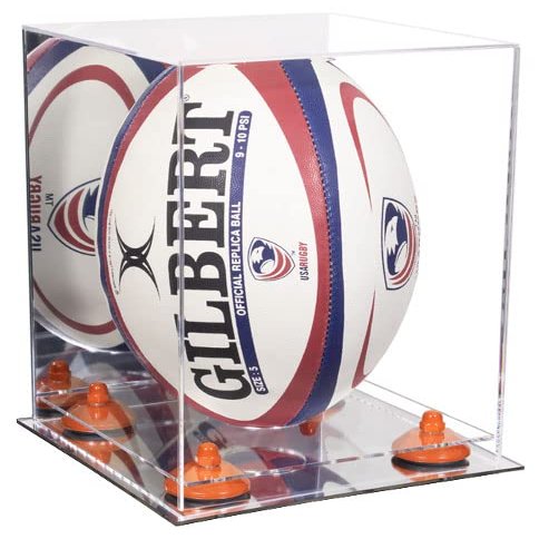 Better Display Cases Acrylic Rugby Ball Display Case Vertical with Mirror Case, Orange Risers and Mirror Base (B42/A060)