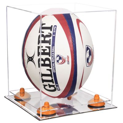 Better Display Cases Clear Acrylic Rugby Ball Display Case Vertical with Clear Case, Orange Risers and Mirror Base (B42/A060)