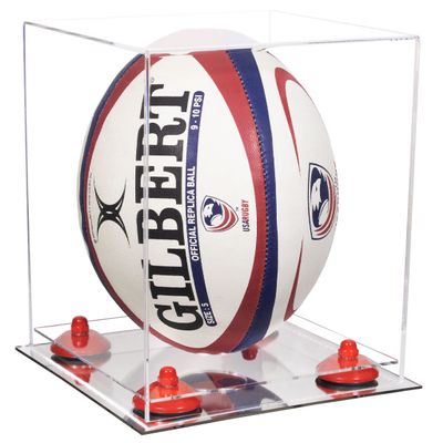 Better Display Cases Clear Acrylic Rugby Ball Display Case Vertical with Clear Case, Red Risers and Mirror Base (B42/A060)