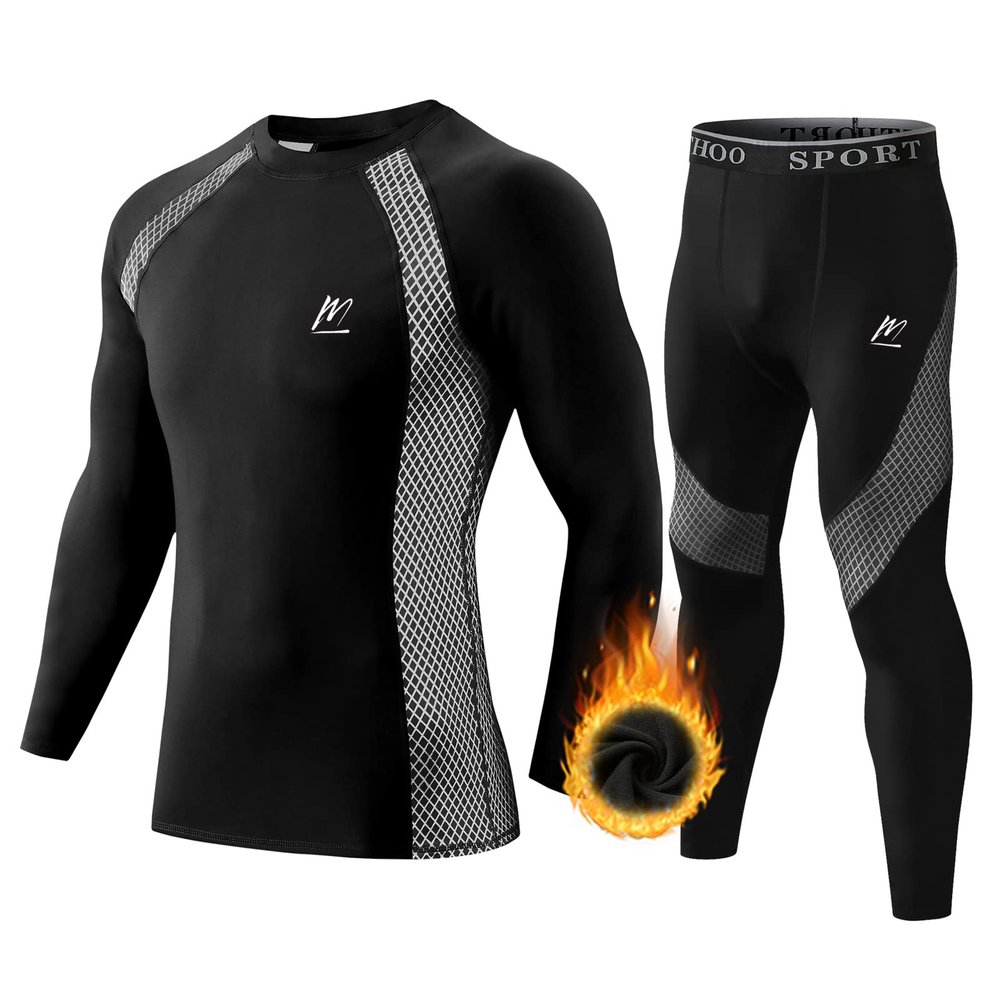 MeetHoo Men's Thermal Underwear Set Sport Long Johns Base Layer Bottom Top for Skiing Running Dark Black