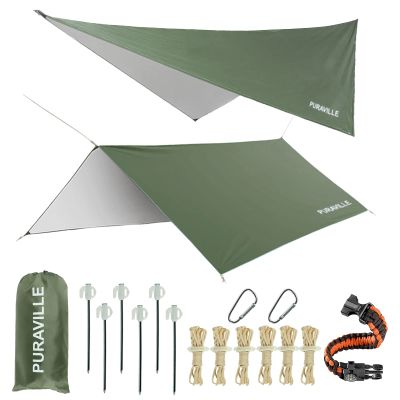 Puraville 12x10 ft Rectangle Lightweight Camping Tarps, Portable Waterproof Hammock Rain Fly Tent Tarp for Camping Backpacking, Green