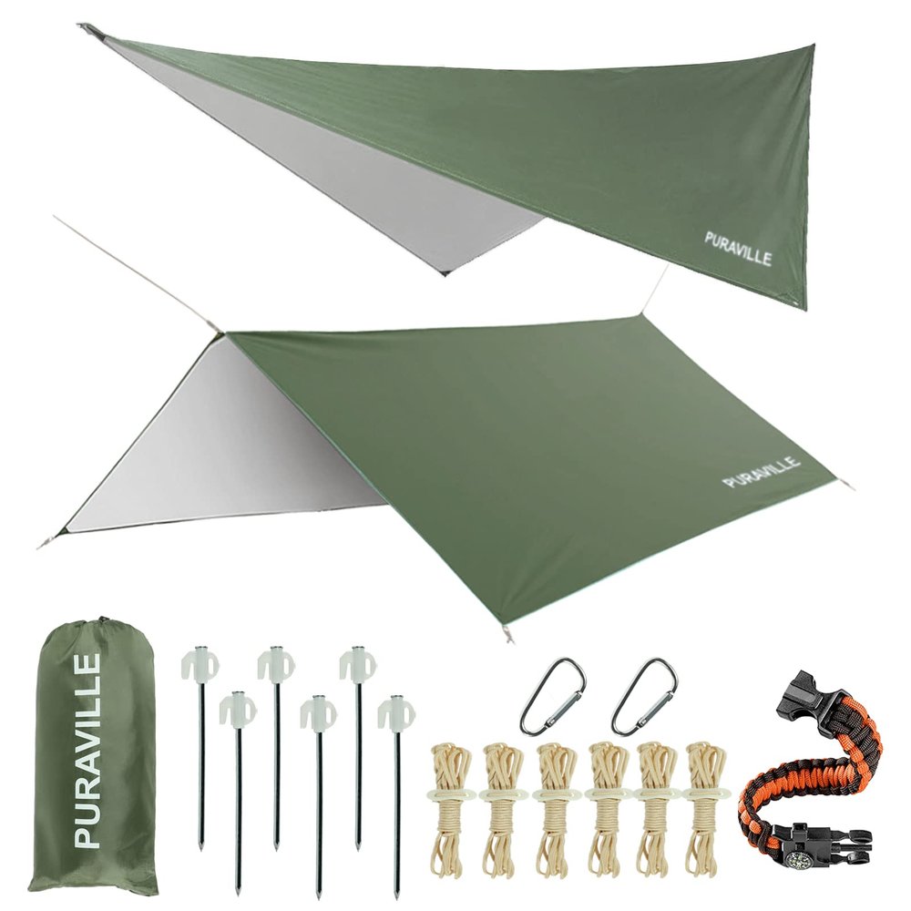 Puraville 12x10 ft Rectangle Lightweight Camping Tarps, Portable Waterproof Hammock Rain Fly Tent Tarp for Camping Backpacking, Green