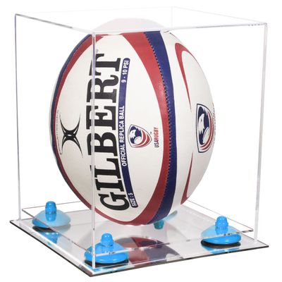 Better Display Cases Clear Acrylic Rugby Ball Display Case Vertical with Clear Case, Blue Risers and Mirror Base (B42/A060)