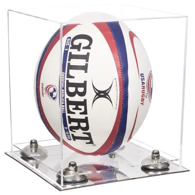 Better Display Cases Clear Acrylic Rugby Ball Display Case Vertical with Clear Case, Silver Risers and Mirror Base (B42/A060)