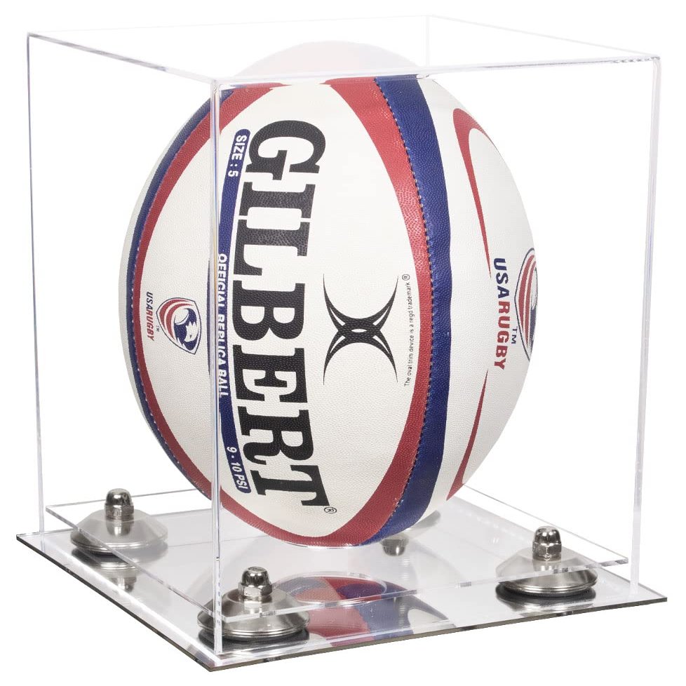 Better Display Cases Clear Acrylic Rugby Ball Display Case Vertical with Clear Case, Silver Risers and Mirror Base (B42/A060)