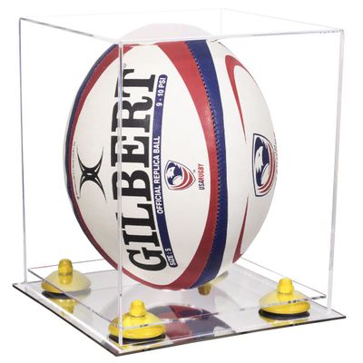 Better Display Cases Clear Acrylic Rugby Ball Display Case Vertical with Clear Case, Yellow Risers and Mirror Base (B42/A060)