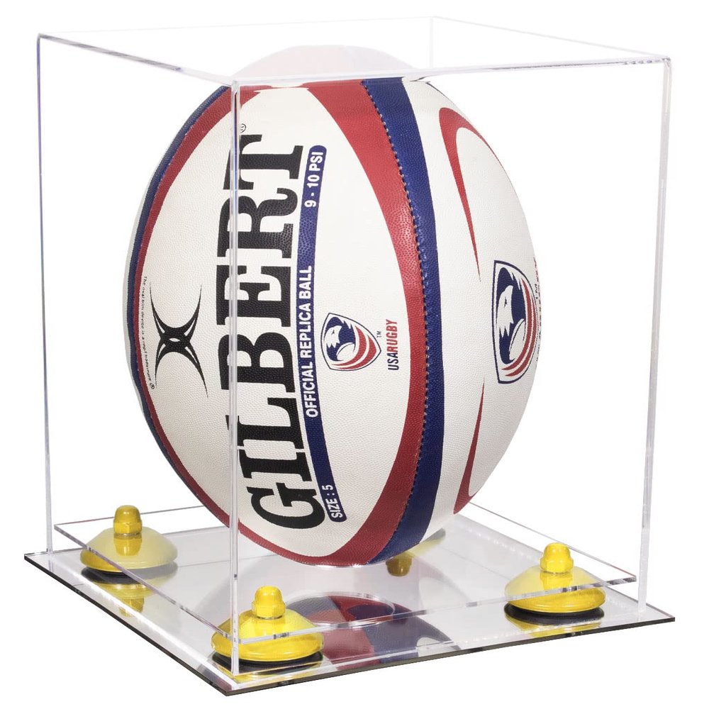 Better Display Cases Clear Acrylic Rugby Ball Display Case Vertical with Clear Case, Yellow Risers and Mirror Base (B42/A060)