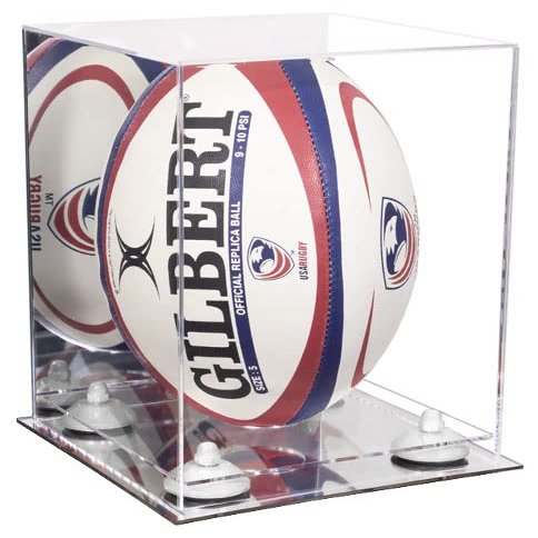 Better Display Cases Acrylic Rugby Ball Display Case Vertical with Mirror Case, White Risers and Mirror Base (B42/A060)