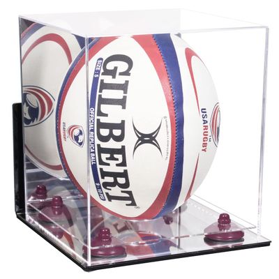 Better Display Cases Acrylic Rugby Ball Display Case Vertical with Mirror Case, Purple Risers , Wall Mount and Mirror Base (B42/A060)