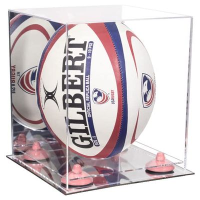 Better Display Cases Acrylic Rugby Ball Display Case Vertical with Mirror Case, Pink Risers and Mirror Base (B42/A060)