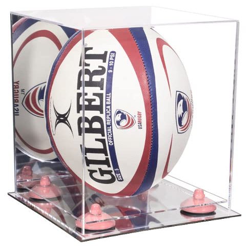 Better Display Cases Acrylic Rugby Ball Display Case Vertical with Mirror Case, Pink Risers and Mirror Base (B42/A060)