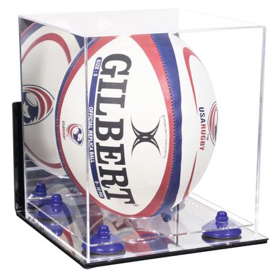 Better Display Cases Acrylic Rugby Ball Display Case Vertical with Mirror Case, Navy Blue Risers , Wall Mount and Mirror Base (B42/A060)