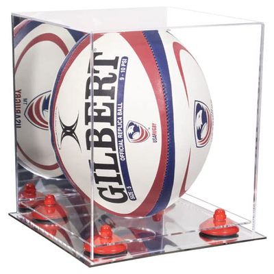 Better Display Cases Acrylic Rugby Ball Display Case Vertical with Mirror Case, Red Risers and Mirror Base (B42/A060)