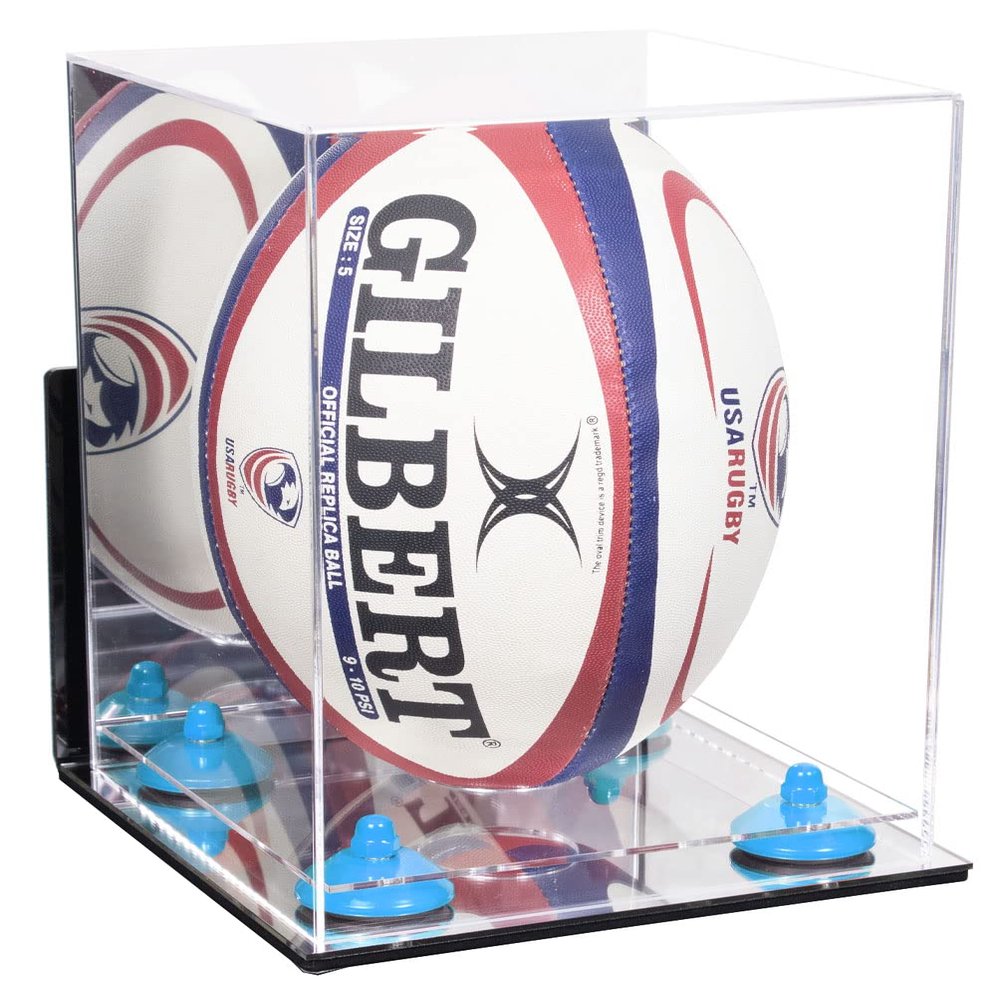 Better Display Cases Acrylic Rugby Ball Display Case Vertical with Mirror Case, Blue Risers , Wall Mount and Mirror Base (B42/A060)