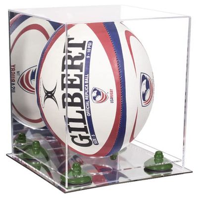 Better Display Cases Acrylic Rugby Ball Display Case Vertical with Mirror Case, Green Risers and Mirror Base (B42/A060)