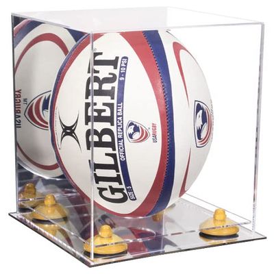 Better Display Cases Acrylic Rugby Ball Display Case Vertical with Mirror Case, Yellow Risers and Mirror Base (B42/A060)