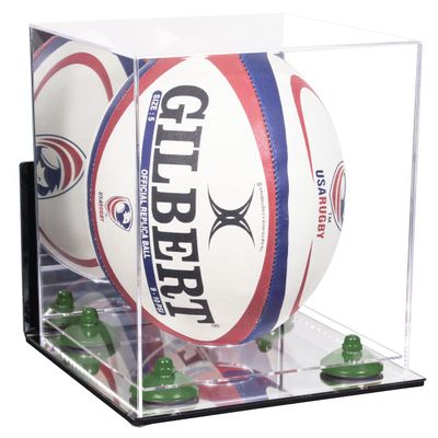 Better Display Cases Acrylic Rugby Ball Display Case Vertical with Mirror Case, Green Risers , Wall Mount and Mirror Base (B42/A060)