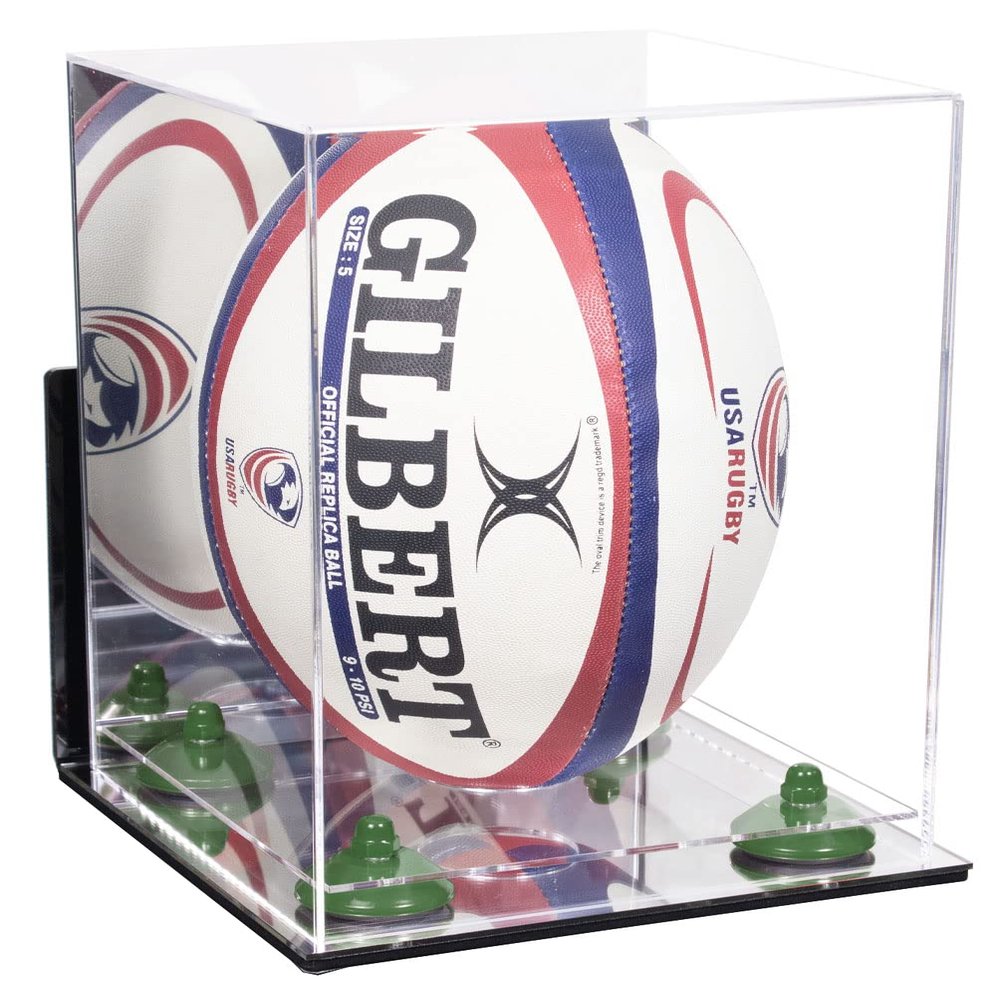Better Display Cases Acrylic Rugby Ball Display Case Vertical with Mirror Case, Green Risers , Wall Mount and Mirror Base (B42/A060)