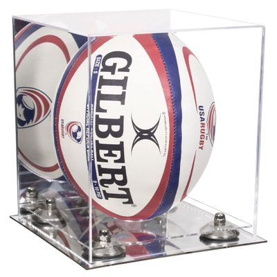 Better Display Cases Acrylic Rugby Ball Display Case Vertical with Mirror Case, Silver Risers and Mirror Base (B42/A060)