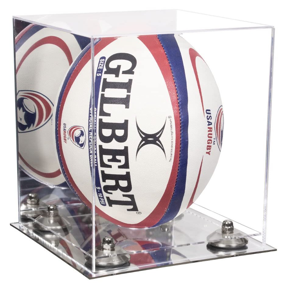 Better Display Cases Acrylic Rugby Ball Display Case Vertical with Mirror Case, Silver Risers and Mirror Base (B42/A060)