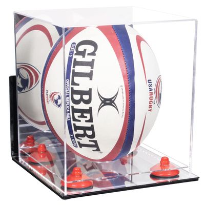 Better Display Cases Acrylic Rugby Ball Display Case Vertical with Mirror Case, Red Risers , Wall Mount and Mirror Base (B42/A060)