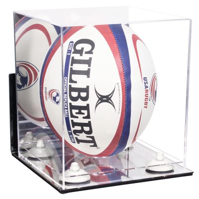 Better Display Cases Acrylic Rugby Ball Display Case Vertical with Mirror Case, White Risers , Wall Mount and Mirror Base (B42/A060)