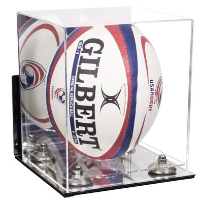 Better Display Cases Acrylic Rugby Ball Display Case Vertical with Mirror Case, Silver Risers , Wall Mount and Mirror Base (B42/A060)