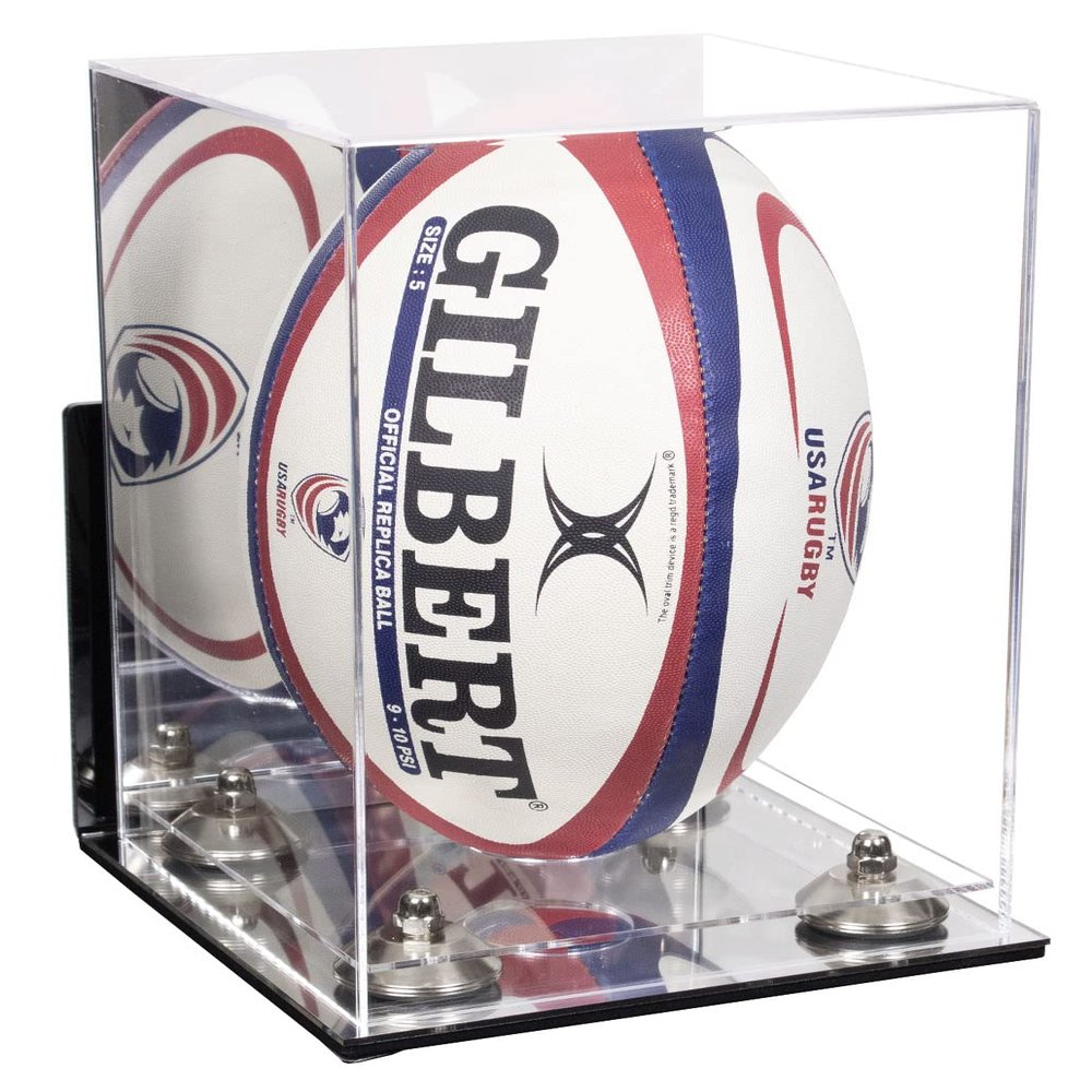 Better Display Cases Acrylic Rugby Ball Display Case Vertical with Mirror Case, Silver Risers , Wall Mount and Mirror Base (B42/A060)