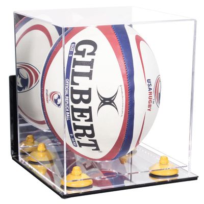 Better Display Cases Acrylic Rugby Ball Display Case Vertical with Mirror Case, Yellow Risers , Wall Mount and Mirror Base (B42/A060)