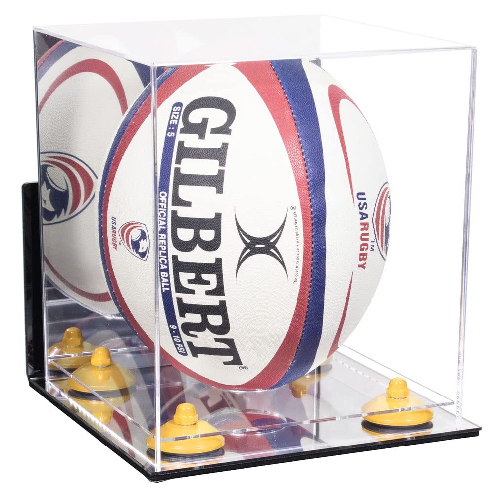 Better Display Cases Acrylic Rugby Ball Display Case Vertical with Mirror Case, Yellow Risers , Wall Mount and Mirror Base (B42/A060)