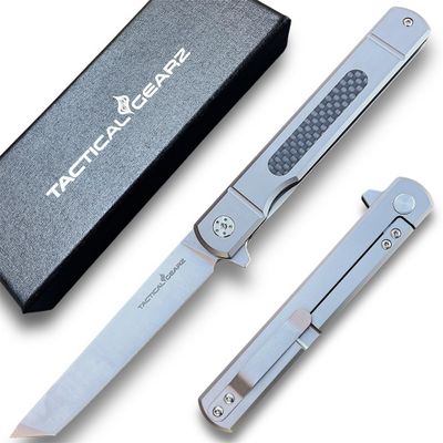 TACTICAL GEARZ Titanium Pocket Knife for EDC, Solid Tc4 Titanium Handle, D2 Steel Tanto Blade, Includes Sheath (Tatsu ST)