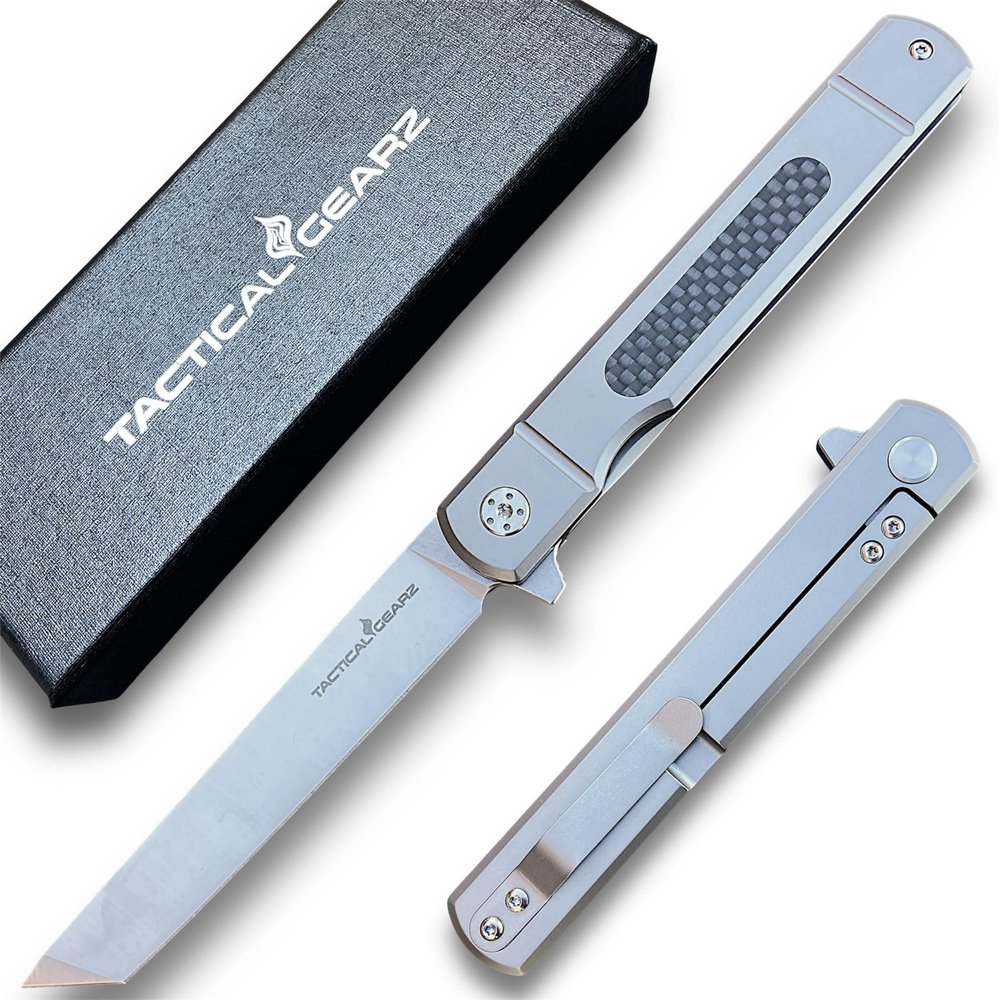 TACTICAL GEARZ Titanium Pocket Knife for EDC, Solid Tc4 Titanium Handle, D2 Steel Tanto Blade, Includes Sheath (Tatsu ST)