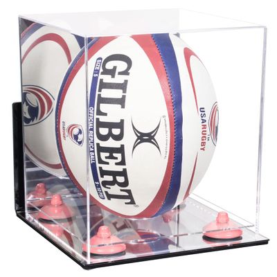 Better Display Cases Acrylic Rugby Ball Display Case Vertical with Mirror Case, Pink Risers , Wall Mount and Mirror Base (B42/A060)